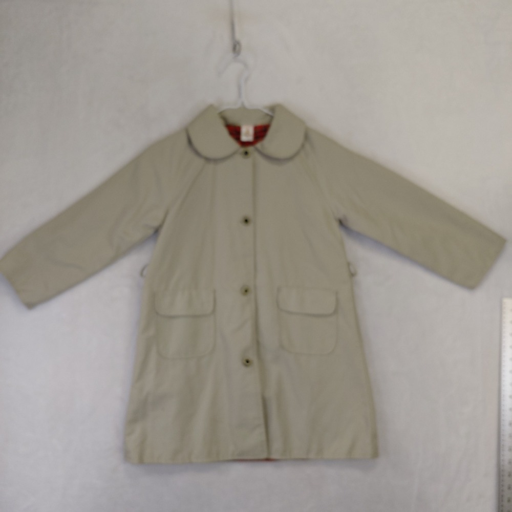 Vintage Tan Trench Coat Kids Peter Pan Collar Red Plaid Lining Beige Jacket